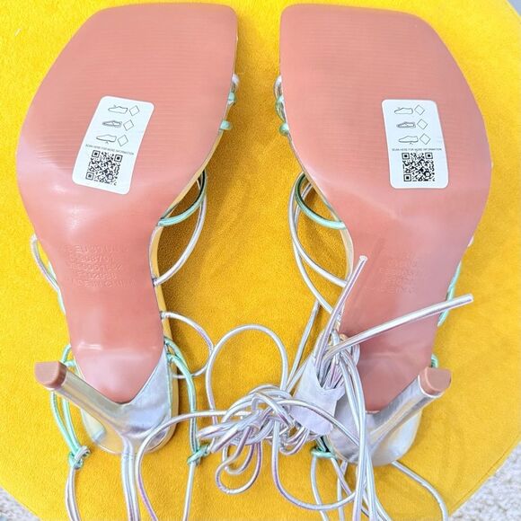ASOS Nina Silver Mint Strappy Tie Leg Square Toe Sandal Heels Sz 8 - Picture 11 of 13